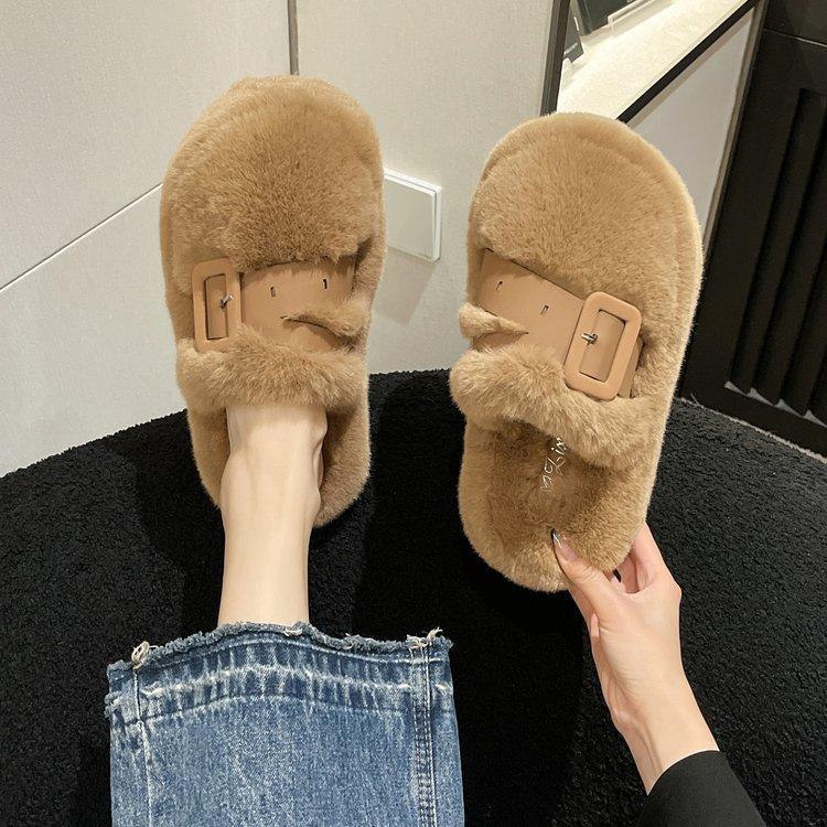 Baotou half slippers women wear autumn and winter new Internet celebrity muffin thick bottom fluffy slippers foreign style warm cotton mop