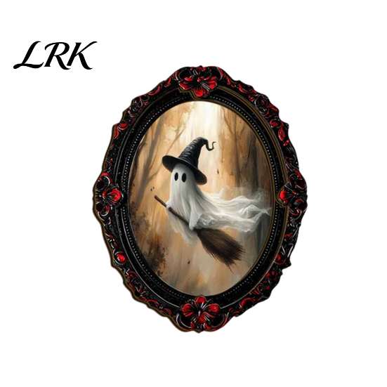 Retro Black Embossed Photo Frame Gothic Halloween Refrigerator Magnet, Distressed Oval Frige Magnets, Dark Waterproof Oil Painting Art Style Skeleton