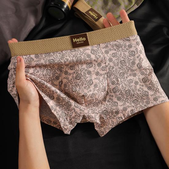 Erkek Boxer İç Çamaşırı Orta Bel Lastikli Bel U-Şekilli Konveks Külot Çiçek Desenli Pijama İç Çamaşırı Günlük Giyim