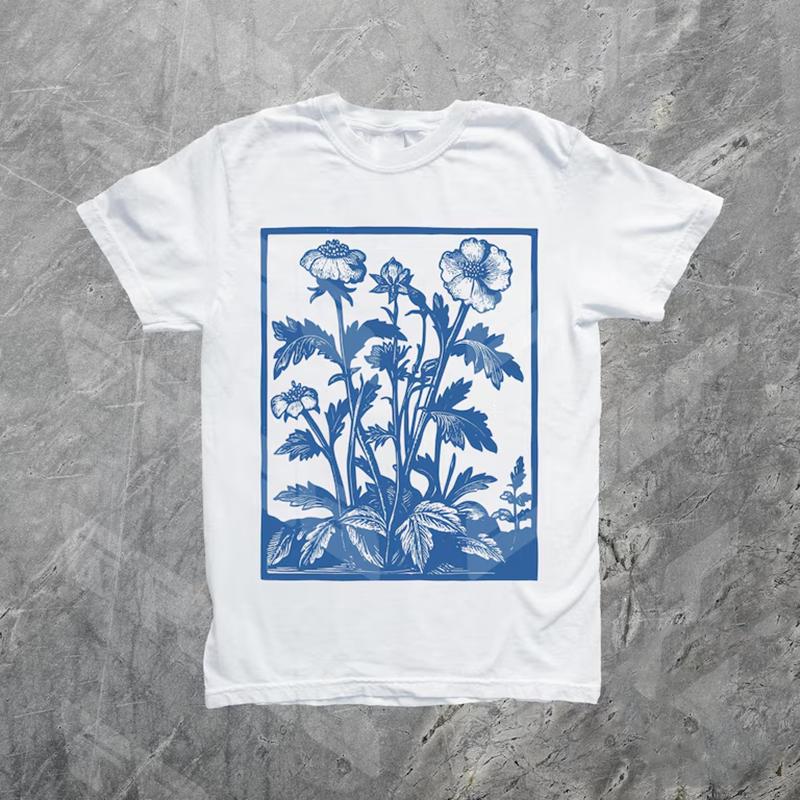 Vintage Blumenmuster T-Shirt Damen Retro Blumen Kunst Kurzarm Mode Lässig Oversize Rundhals Vielseitiges Basic Top