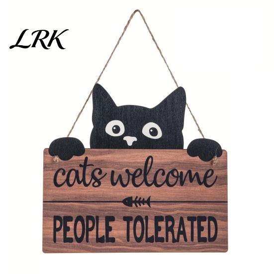 2D Flat Wood Sign Halloween Hanging Door Sign, Cute Cat Wooden Front Pet Name Tag Hanger with Hemp Rope for Porch Wall Indoor Home Decor