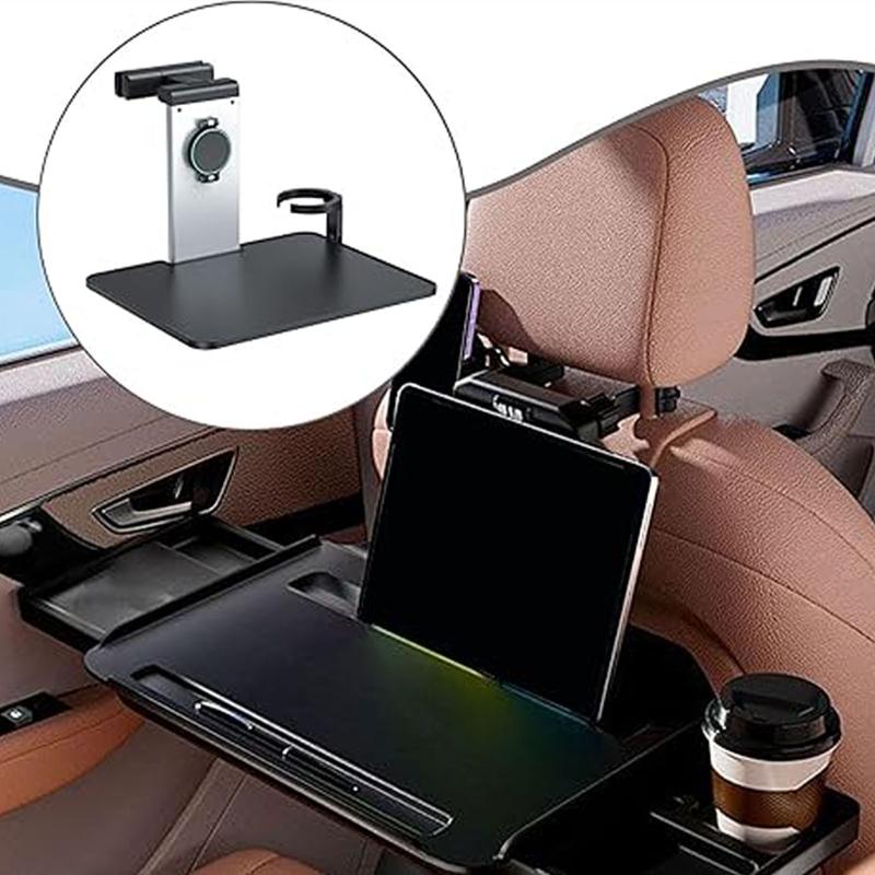 Universal Car Headrest Mounted Foldable Laptop Tray With Phone Support And Extendable Beverage Slot For Office Work