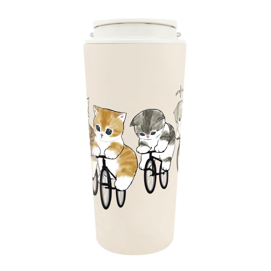 Mofusand Vacuum-Sealed Carry-On Tumbler, 430ml [Cycling] with Handle and Lid, Keeps Drinks Hot or Cold, Cute Cat Design, 53-2185