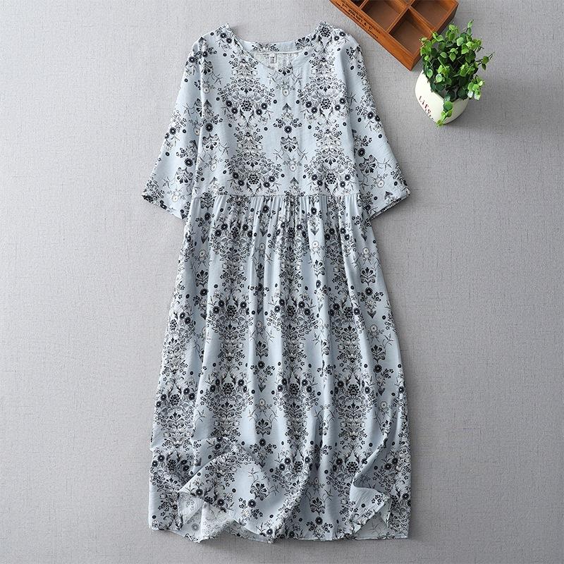 

2025 лето новый средний и длинный свободный ретро принт рукав три четверти цветочное платье женское M