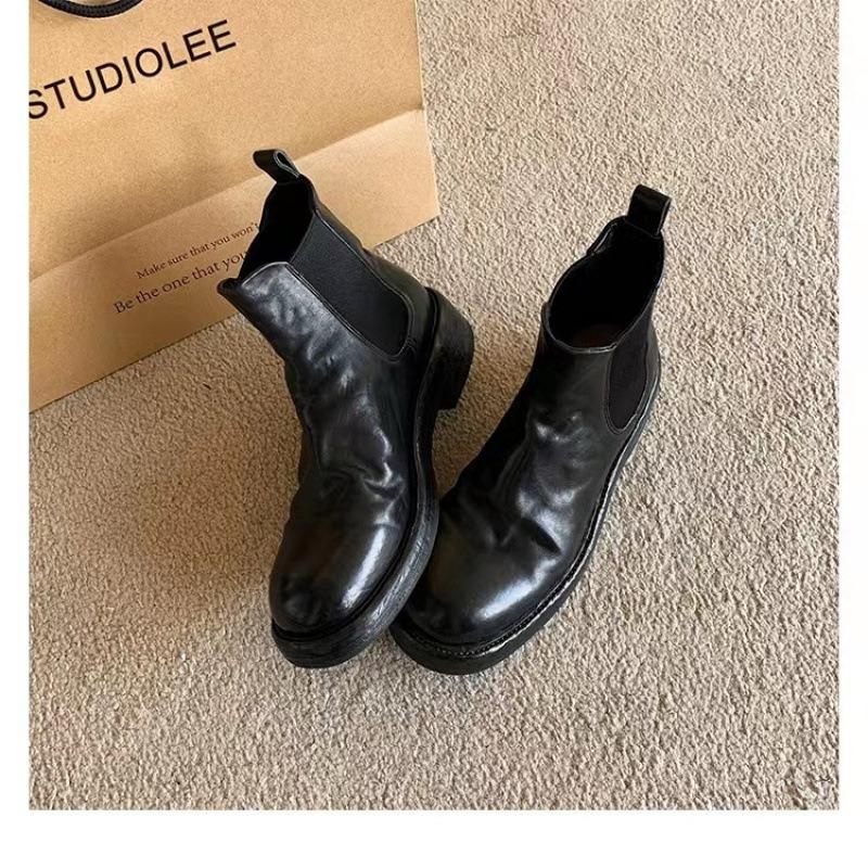 Gewaschenes Pferdeleder~ Leder Plissierte Chelsea Boots Kurze Stiefel Damen Vintage Elastisch Rauch Flacher Boden Martin Stiefel