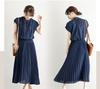 French Sleeve Pleated Casual Fashion Dress Gradient Elegant Short Sleeve Bow Tie Waist Midi Dress [JINJUDUO] Women's