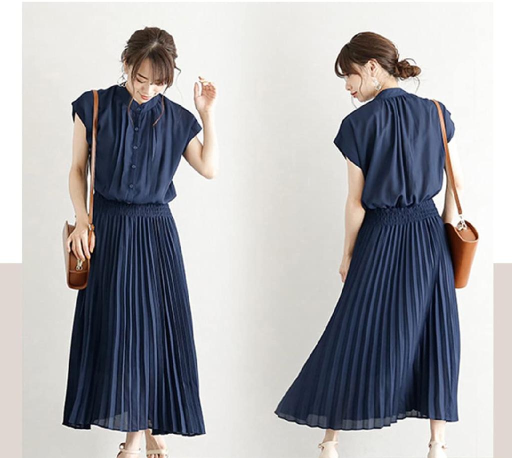 French Sleeve Pleated Casual Fashion Dress Gradient Elegant Short Sleeve Bow Tie Waist Midi Dress [JINJUDUO] Women's