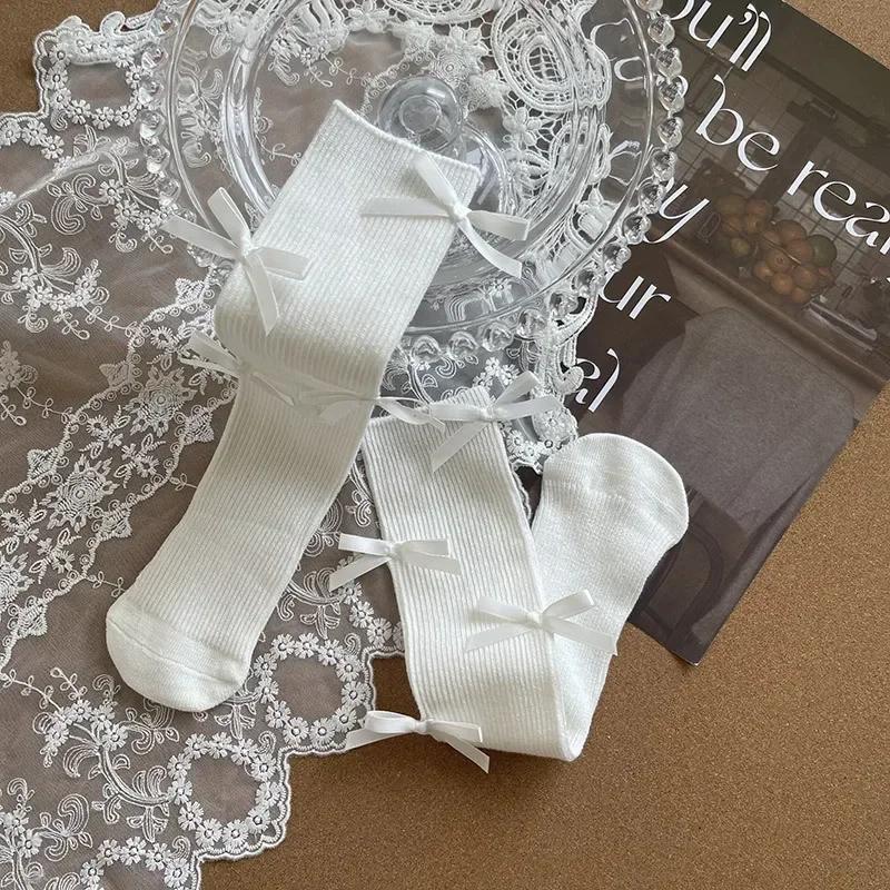 2 Pairs Girls Cotton Tube Socks With Cute Bow Vertical Striped Baby Stockings For Spring Autumn Winter New Arrival