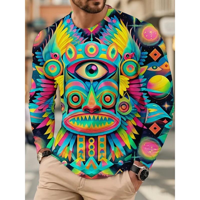 Fashion Men's Crew Neck Long Sleeve 3D Color Printing Summer Casual Long Sleeve Crew Neck T-Shirt