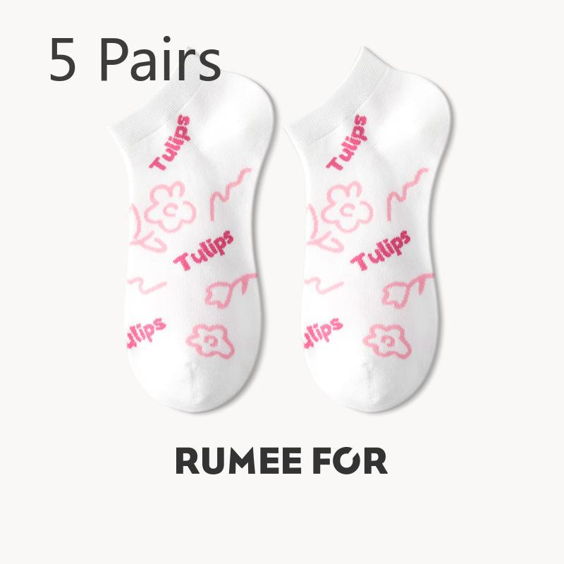 5 Pairs of Female Summer Thin Deodorant Sweat Absorbing Lovely Breathable Shallow Mouth Cartoon Boat Socks