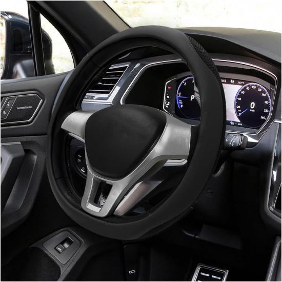 Car Steering Wheel Cover, Leather Breathable Ice Silk Auto Wheel Wrap with Anti-Slip Lining, Scratch-Resistant Elastic Protector Fit for 14.5-15 Inch чёрный