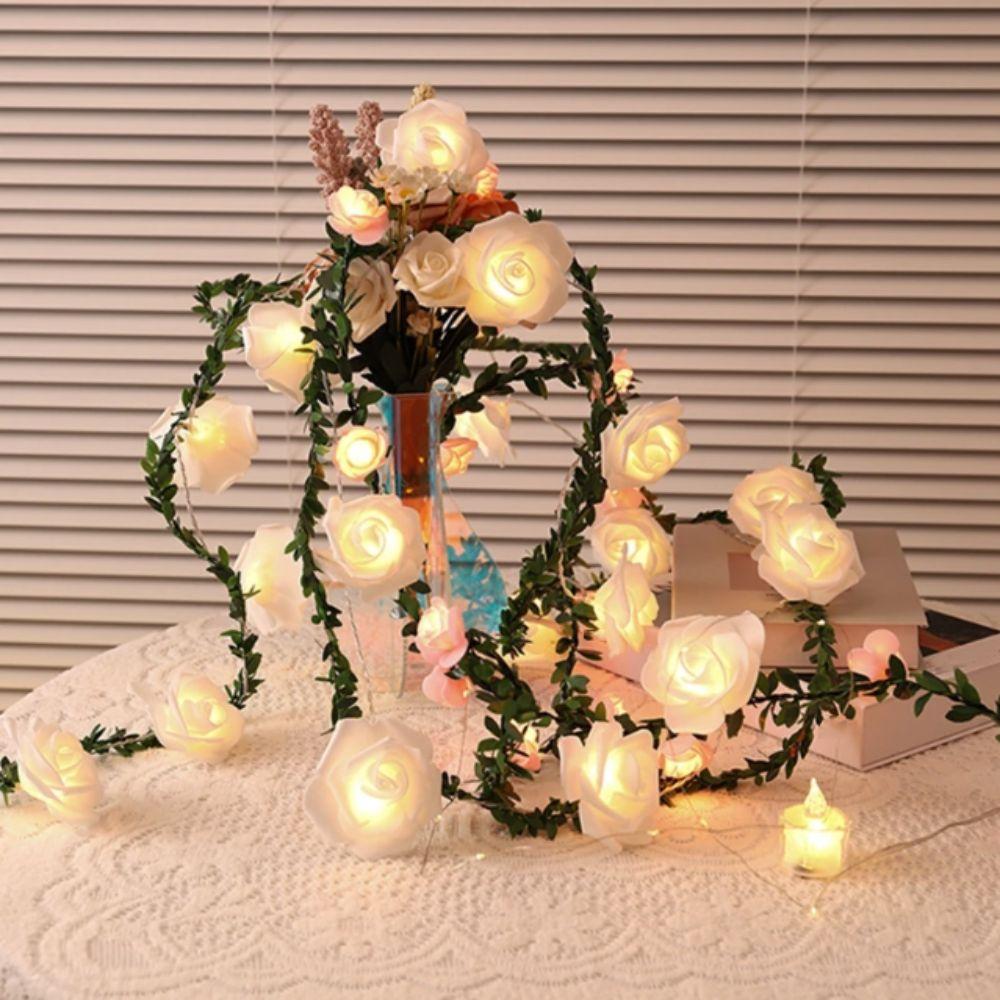 Warm Light LED String Lights Colored Lights Rose Flower Design Fairy Lights Simulation Green Leaves Artificial Vine Garland