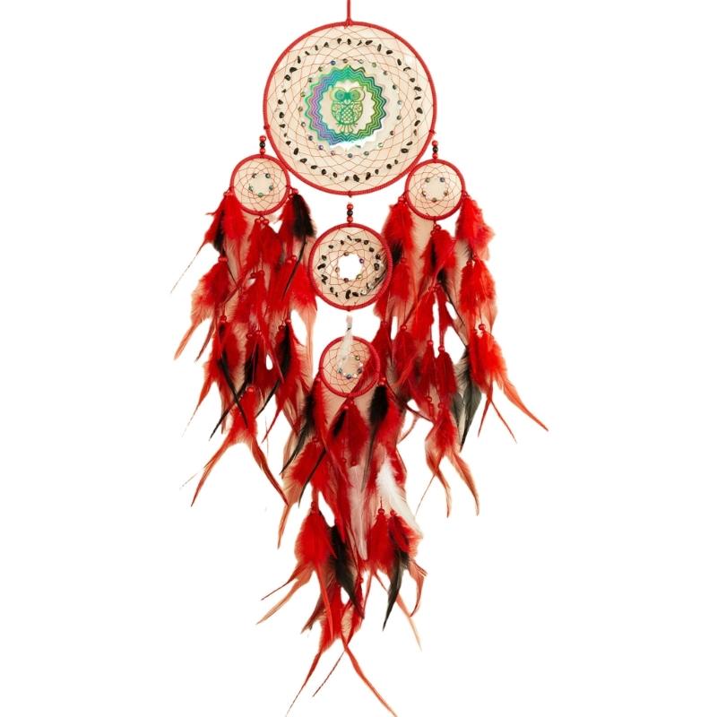 3D Rotating Colorful Owl Dreamcatchers Windchimes with Feathered Wall Hanging Decoration for Bedroom and Living Room