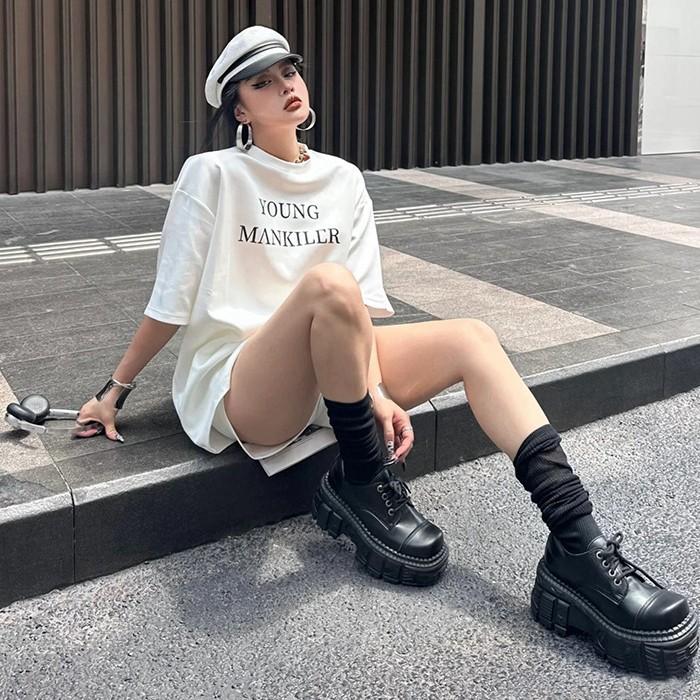 Fashion 2024 NEW Punk Style Women Shoes Lace-up Heel Height Platform Shoes Woman Gothic Ankle Rock Boots Metal Decor Woman Sneakers