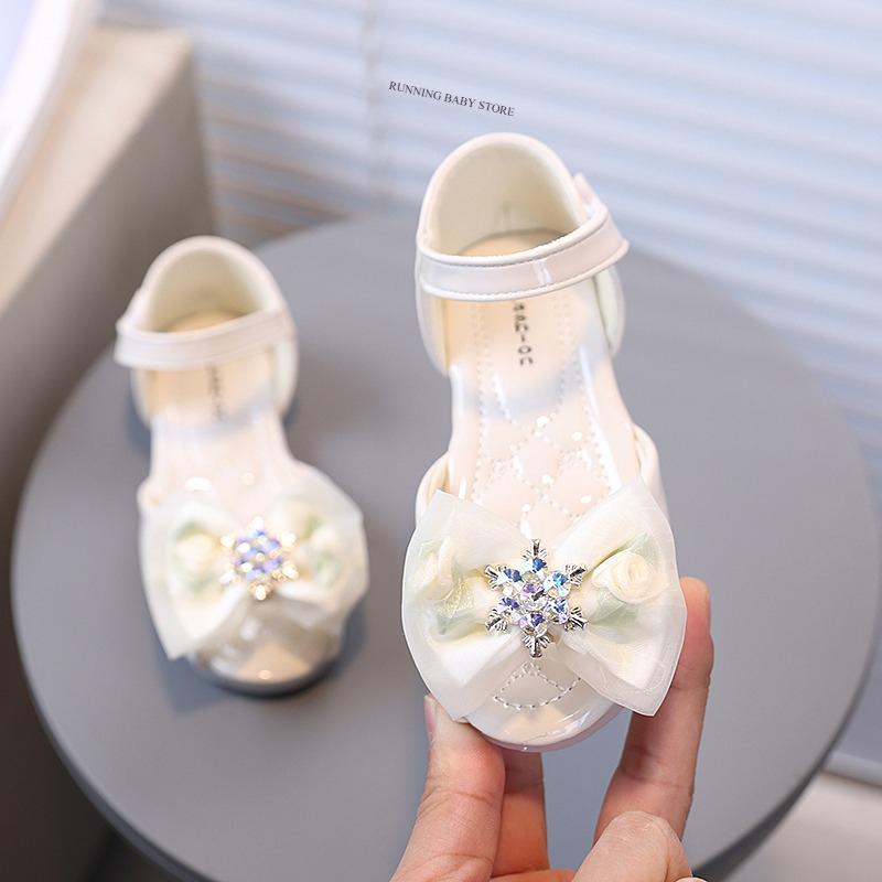 Girl's Fish Mouth Shoes with Rose Appliques Party Sandals for Kids Nice Rhinestone Star Sandals Bow-tie Students Footwear I10263