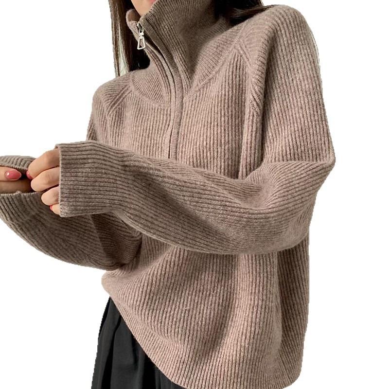 Open Zipper Turtleneck All-wool Knitted Sweater Top Women's Lazy Fashion Age-reducing Loose and Thin Sweater