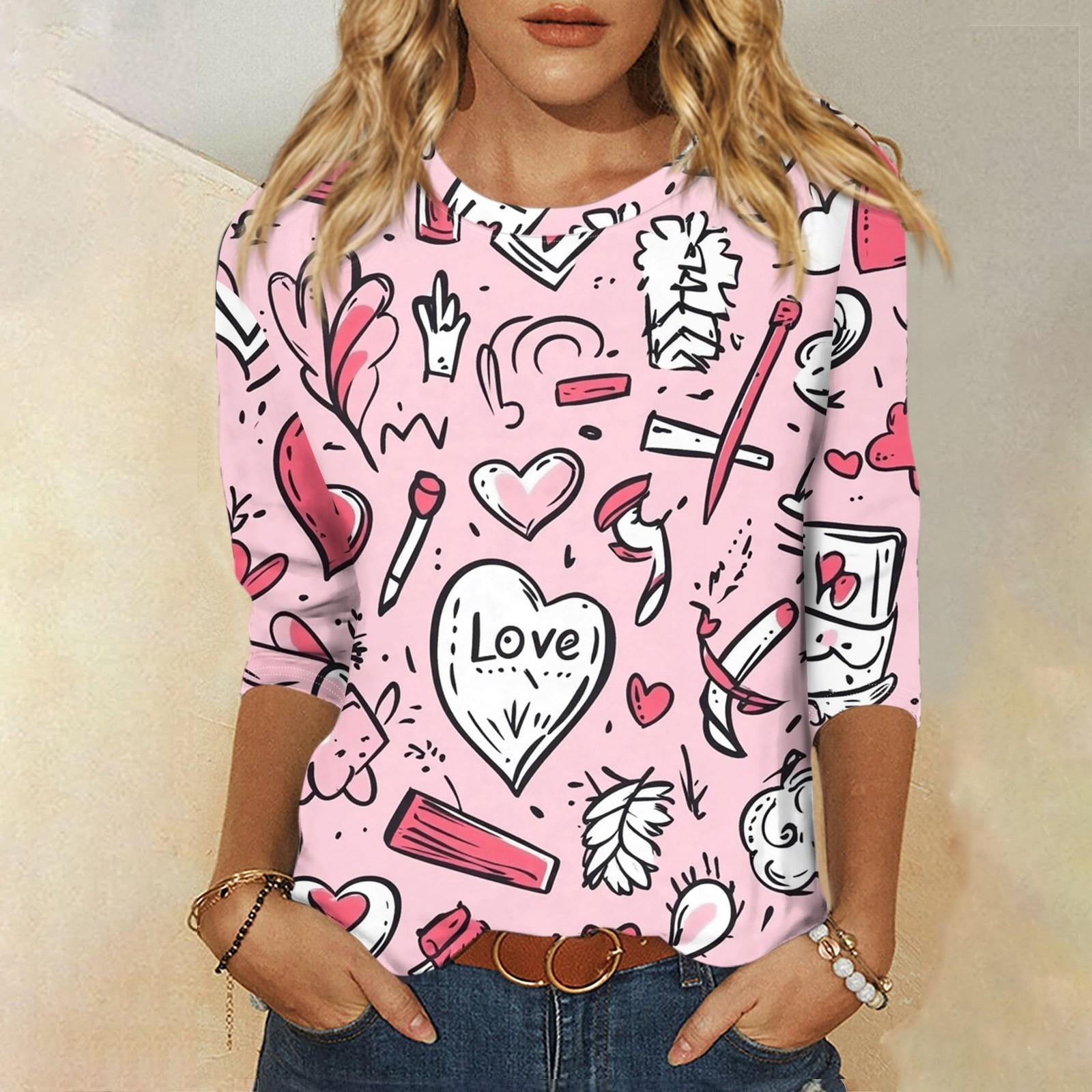 

Женская мода, повседневная свободная футболка с принтом на День святого Валентина и круглым вырезом, рукав 3/4, женский топ S