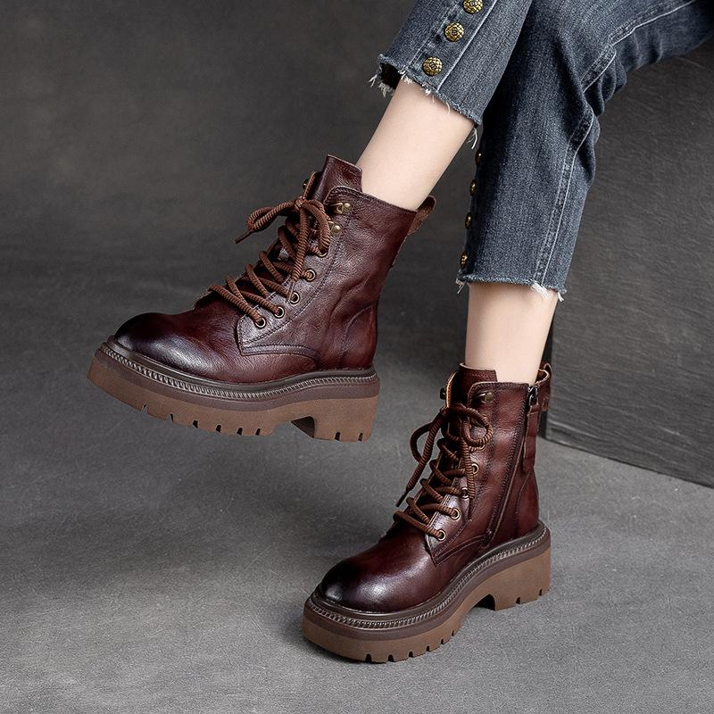 Autumn Winter Genuine Leather Platform Martin Boots for Women Distressed Finish Chunky Sole Side Zipper Ankle Boots