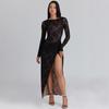 Women's new fashion lace temperament long-sleeved European and American dress pleated slim sexy split skirt women