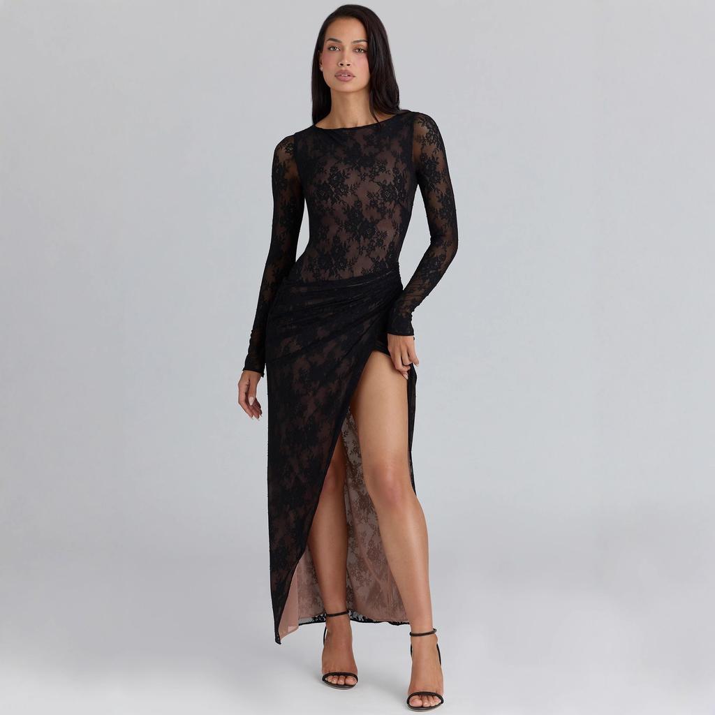 Women's new fashion lace temperament long-sleeved European and American dress pleated slim sexy split skirt women