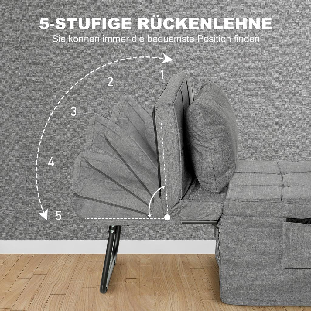 4-in-1 Folding Bed, Guest Bed, Height-Adjustable, Mattress, Side Pockets, Metal Frame, Gray, 188 X 75 X 38 Cm