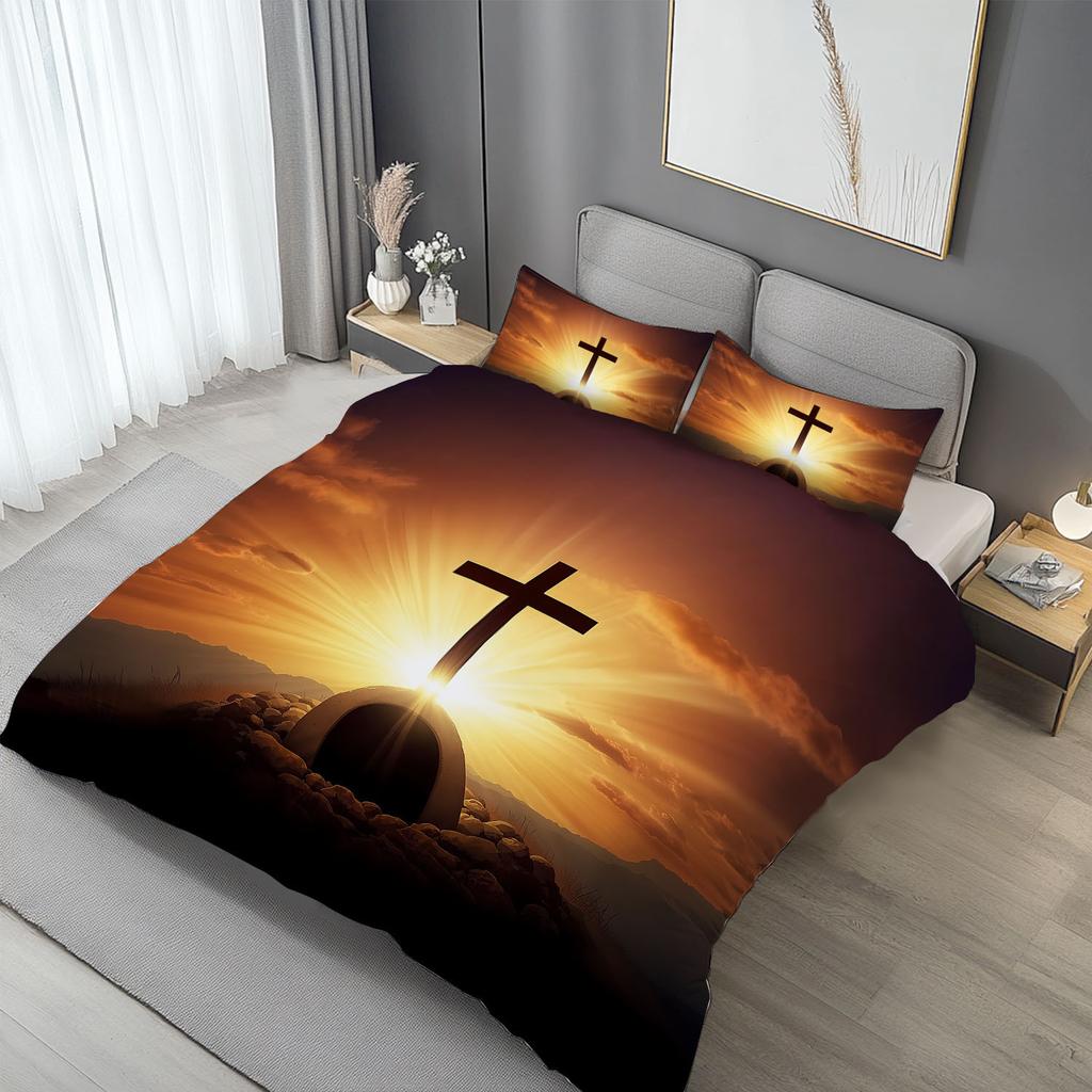 Latacaca 3pcs Christian Cross Duvet Cover Set 1 Duvet Cover + 2 Pillowcases Featuring A Beautiful Sunrise Over The Cross