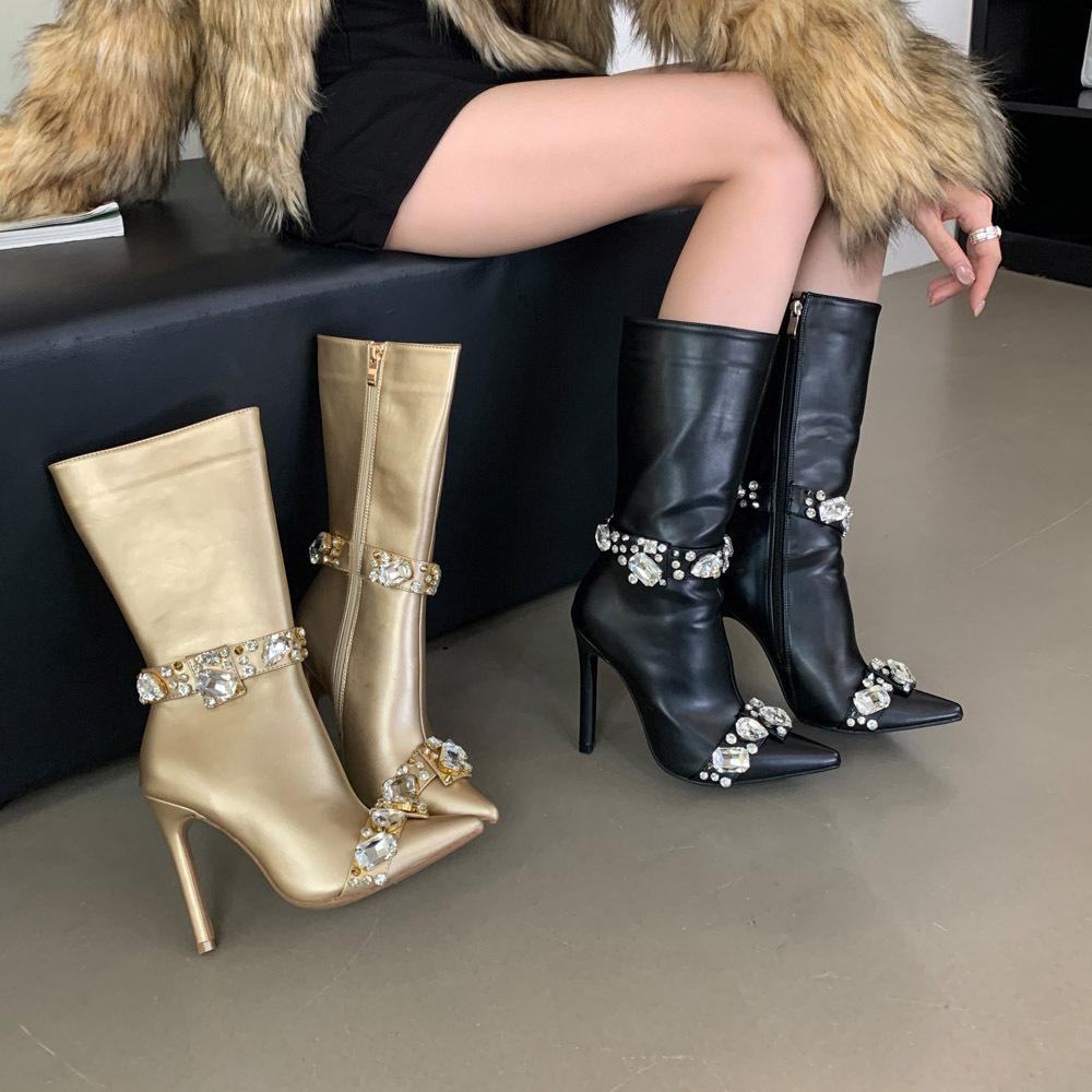 

High heels winter new super high heels women s shoes women s thin heels pointed rhinestone boots women s medium boots 42
