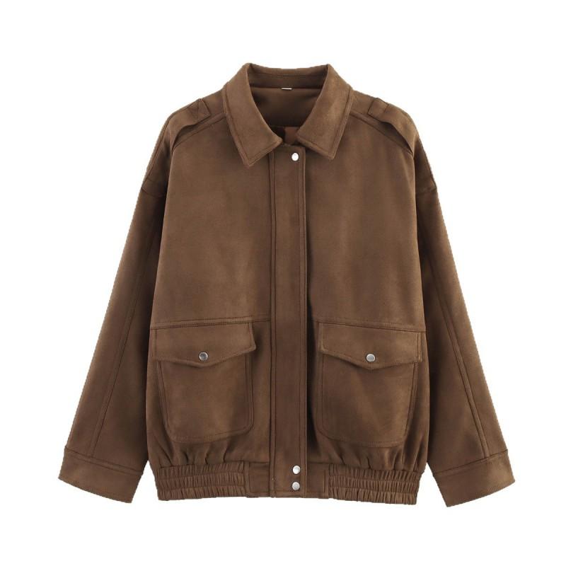Womens Suede-Like Casual Jacket With Pockets Fall Loose Fit Streetwear Coat