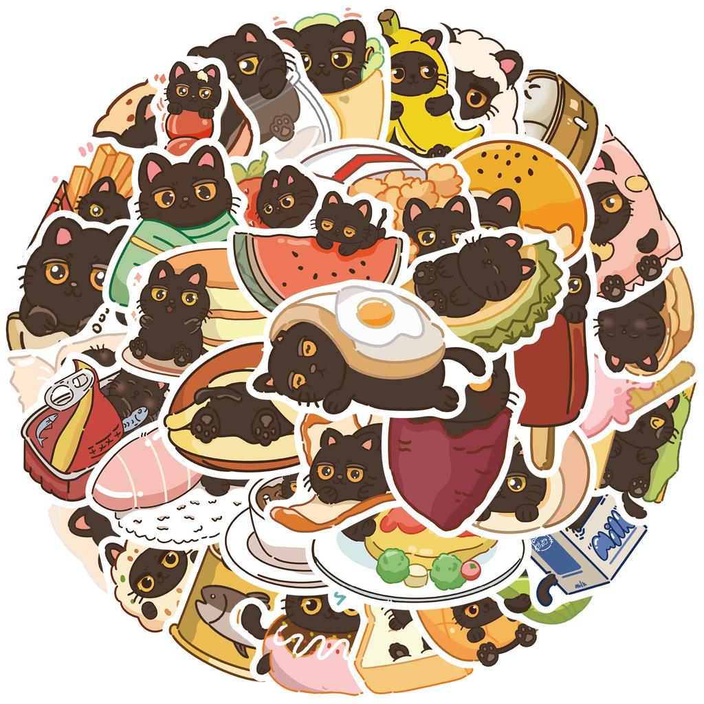 50pcs Cute Food Black Cat Diary Cartoon Graffiti Stickers Phone Guitar Laptop Notebook Suitcase Cup Waterproof Sticker Kids Toys