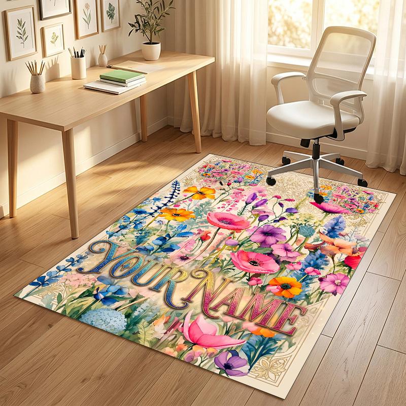 Blumen-Fantasy-Garten-Thema Weicher Kristall-Samt-Teppich Benutzerdefinierter Name & Textdruck Rutschfester Bodenläufer für Schlafzimmer Wohnzimmer