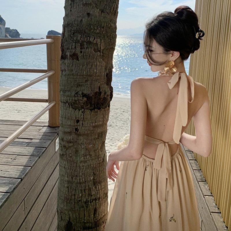 Bead Embroidery Pinch Pleated Neck Strap Holiday Dress Seaside Photo Backless Splicing Sequined Suspender Long Dress Women