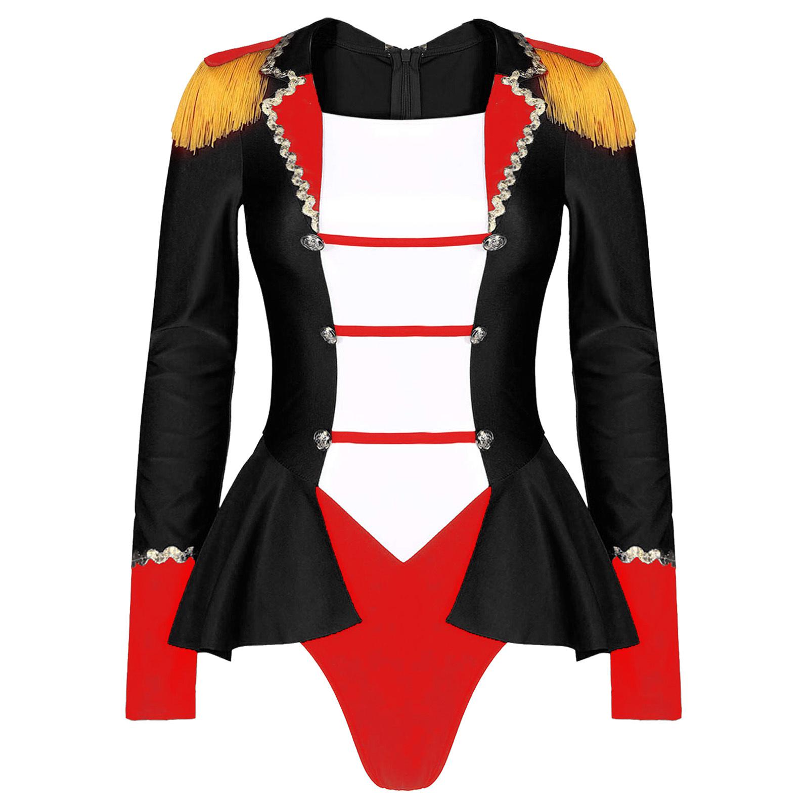

Womens Ringmaster Bodysuit Circus Role Play Costume Long Sleeve Color Block Patchwork Design Skirted Jumpsuit 3XL чорний