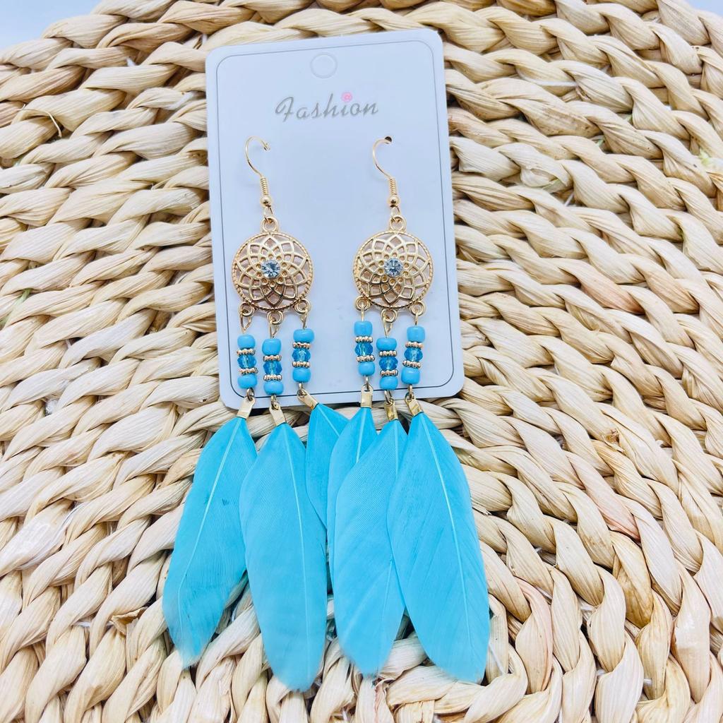 Vintage Bohemian Feather Tassel Earrings Exaggerated Ethnic Vacation Dangle Ear Jewelry Fashion Accessories For Women