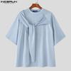INCERUN Men Round Neck Tie Up Short Sleeve Solid Color Casual Loose Summer T-shirts