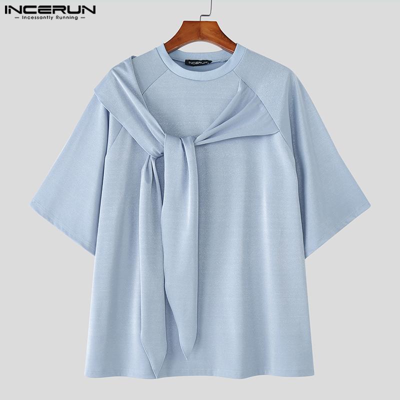 INCERUN Men Round Neck Tie Up Short Sleeve Solid Color Casual Loose Summer T-shirts