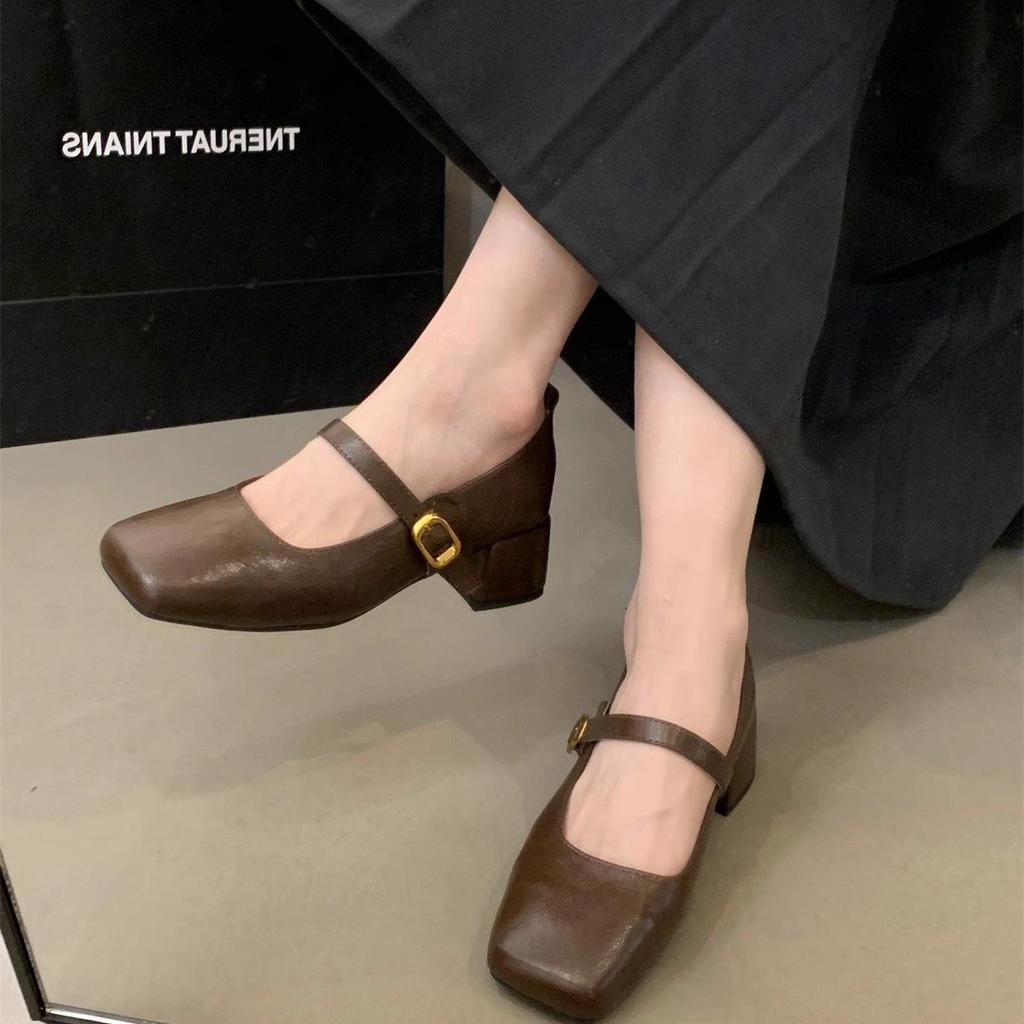 Mary Jane Small Leather Shoes French Fairy Soft Leather Spring And Autumn Square Head Shallow Mouth New Evening Breeze Thick Heel Single Shoes Women