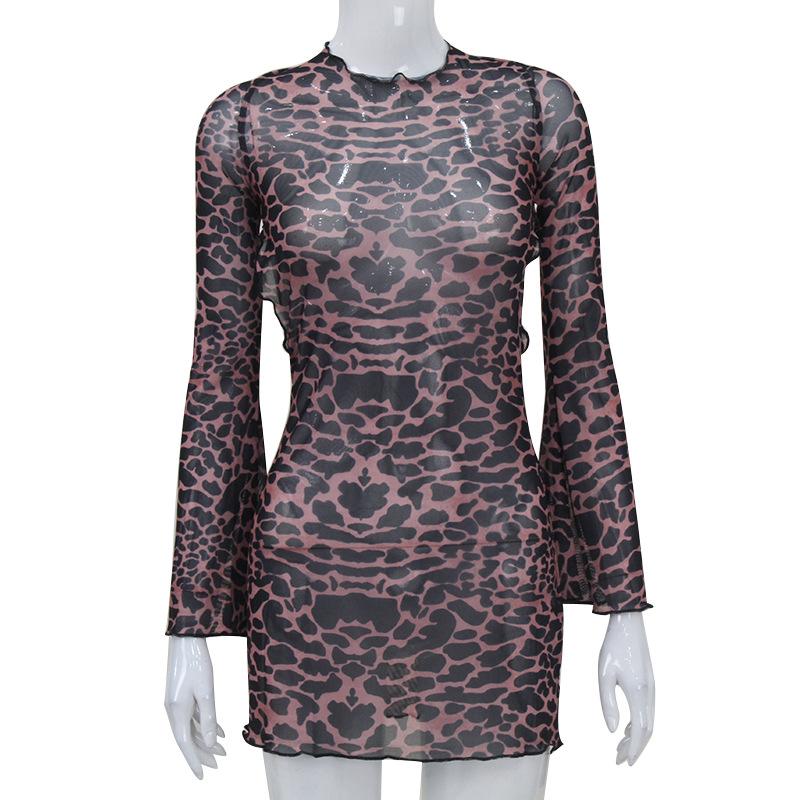

European and American women s clothing sexy leopard print mesh perspective neck dress pure desire wind backless short skirt women s backless design S цветной печати леопарда