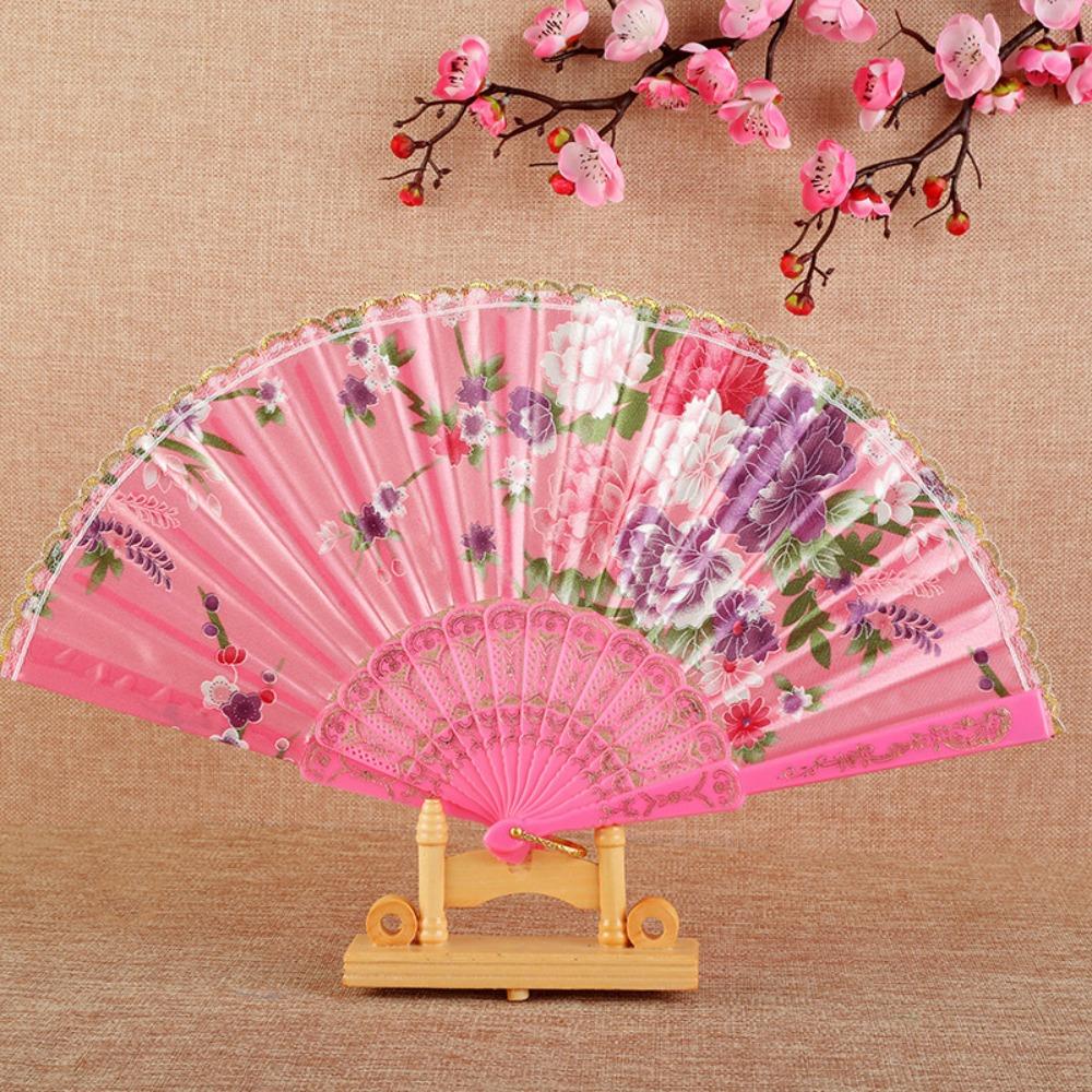 New Plastic Folding Fan Chinese Style Vintage Style Dance Fan Classical Silk Fabric Hand Held Fan Desktop Ornaments розовый