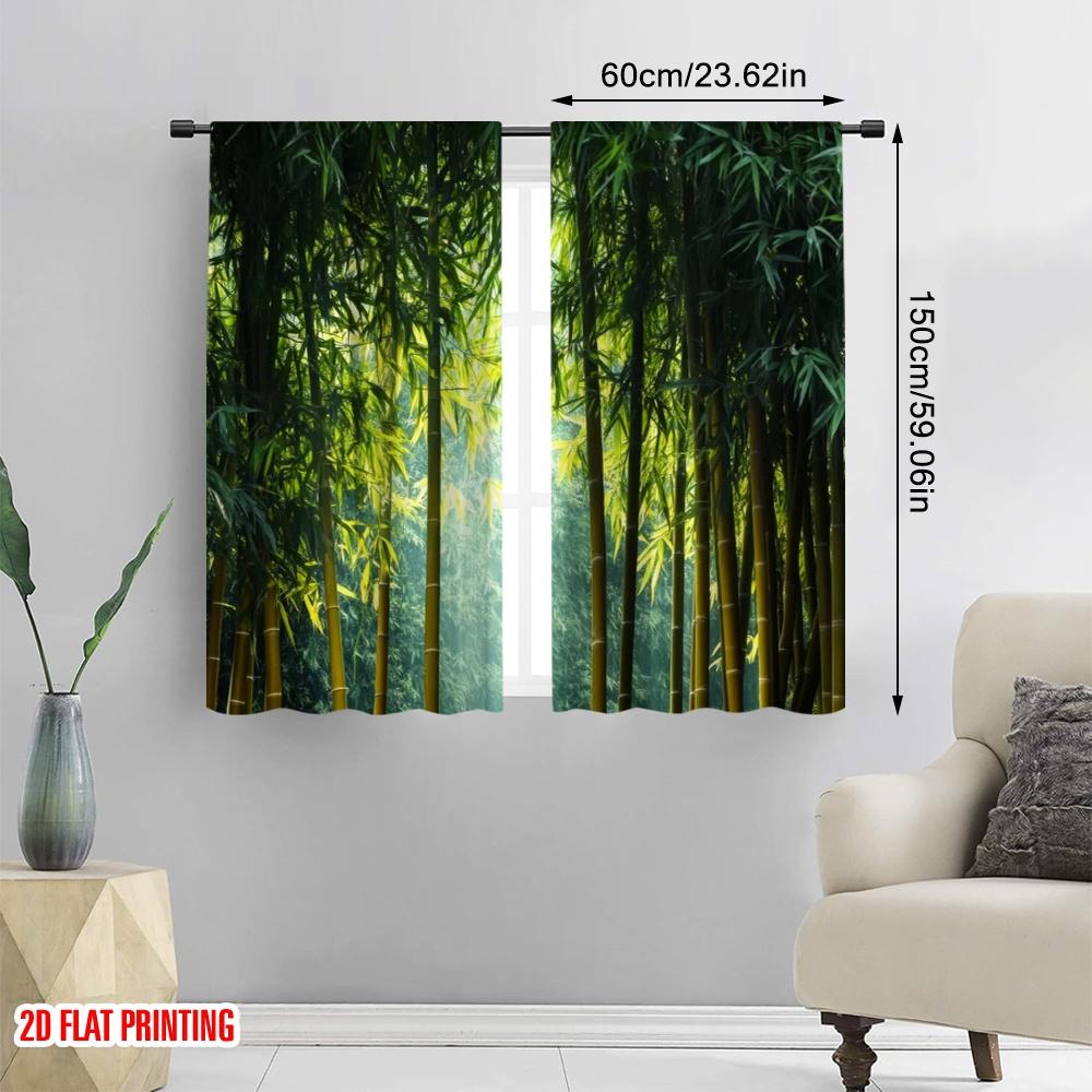 2pcs,2D Plane Printing Contemporary Curtains Bamboo Forest Burst Polyester Fabric (without Rod) Festive Use for Bedroom, Living