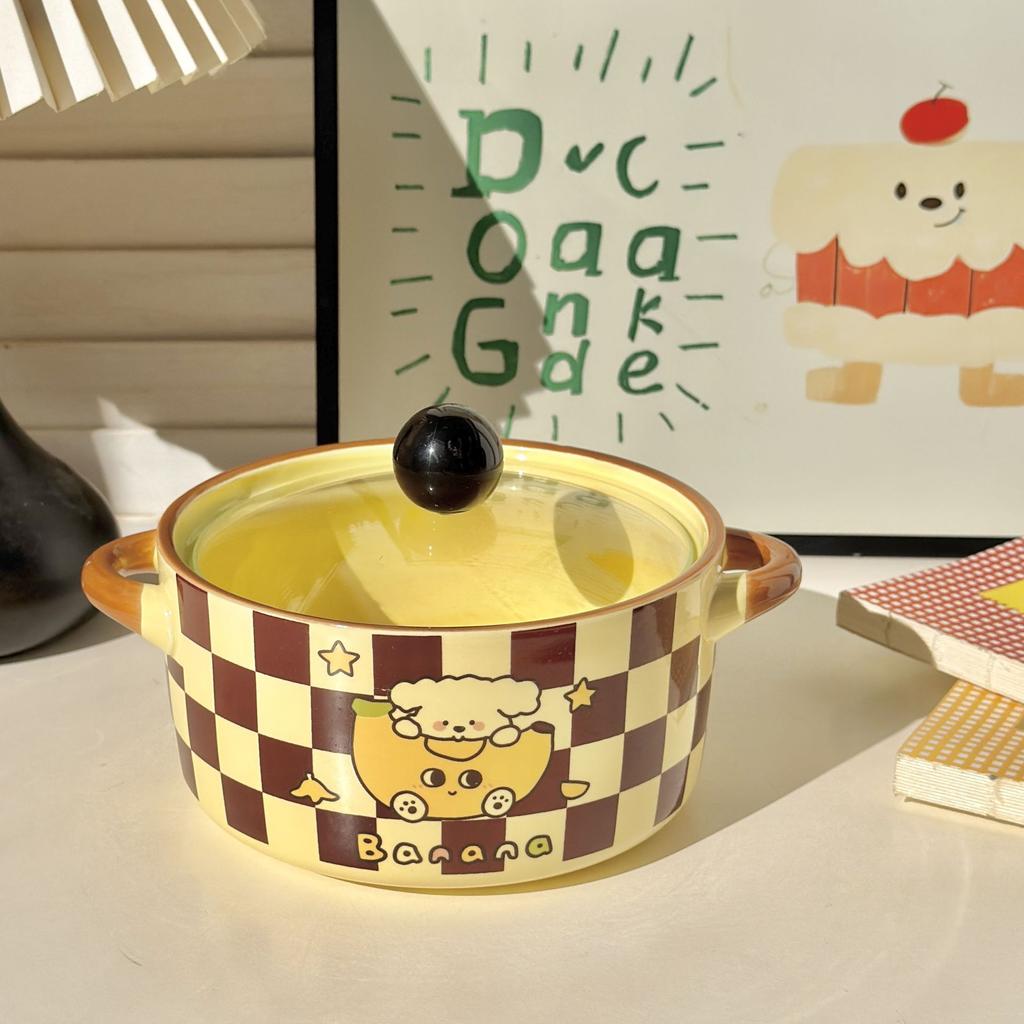 Ins Cream Wind Banana Puppy Binaural Instant Noodle Bowl Student Dormitory Rice Bowl 2025 New Snail Powder Bowl