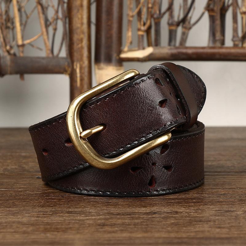 Belt Men's Retro Personalized Trendy Hollow First Layer Cowhide Leather Pin Buckle Casual Denim Belt Men's