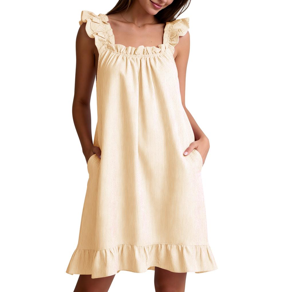 Women's Sleeveless Striped Nightgown with Ruffle Trim and Pockets, Loose Fit Casual Sleep Dress for