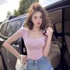 American Niche Chic Versatile Design Sense Candy Color Square Collar Slim and Thin Short Thin Short Sleeve Knitted Top Women