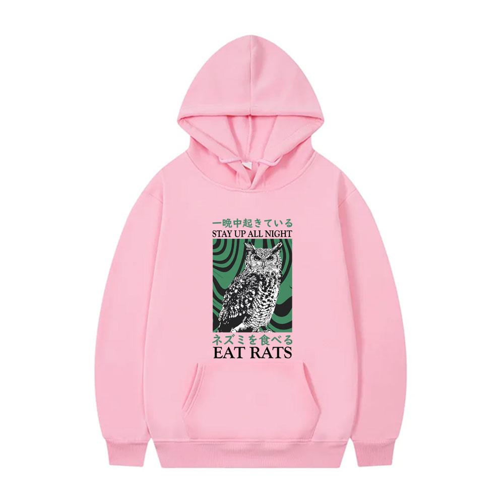Stay Up All Night Eat Rats Hoodie Funny Meme Japanese Owl Graphic Pullover Sweatshirt Male Fashion Casual Fleece Cotton Hoodies