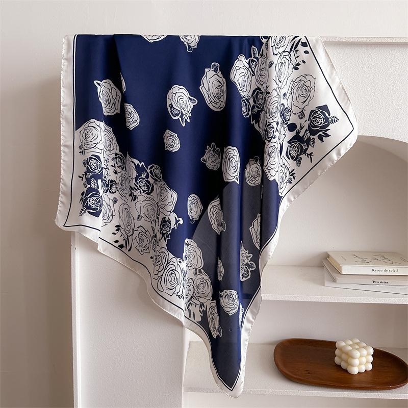 Temperament Rose 71 Small Square Scarf Simulation Silk Scarf Headscarf Women's Spring and Summer Scarf Printed Neck Protection Scarf Professional Scar
