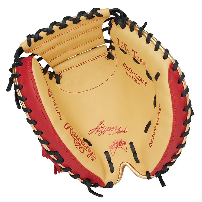 Rawlings Baseball Hyper Tech Color Throw Junior/Jr. Glove, Kids' Sync, Catcher's Glove, Camel/Scarlet, 31.5 Inches, Right-Handed