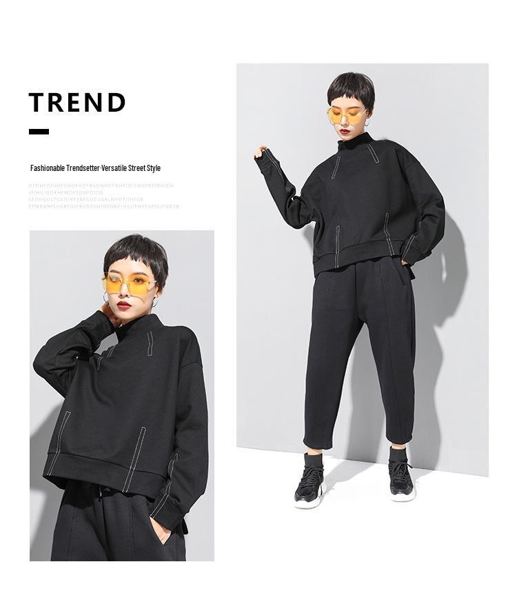 European and American Style Long-Sleeve Round Neck T-Shirt with Exposed Line Decoration for Women