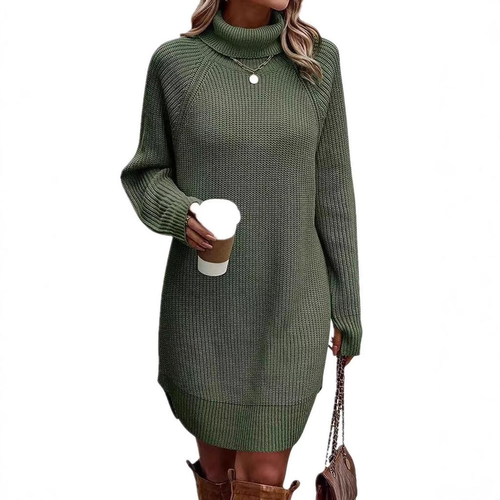 Women's High Neck Button Detail Knit Sweater Dress Loose Sleeve Mini Dress Multi Colors