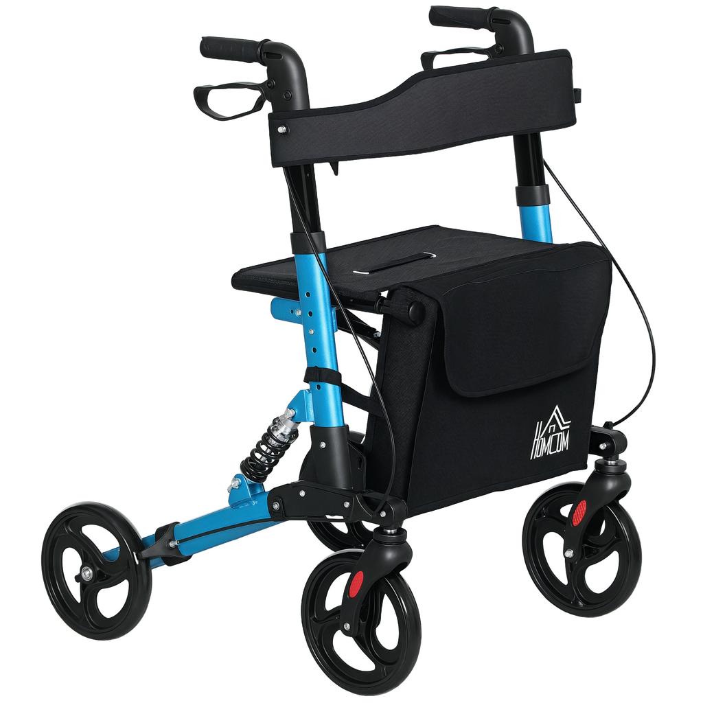 Folding Aluminum Walker, Seat, 4 Wheels, Height Adjustable, Hand Brakes, Blue/Black