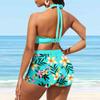 Women's Halter Yellow Lotus Leaf Bow Print Bikini Tankini Swimsuit